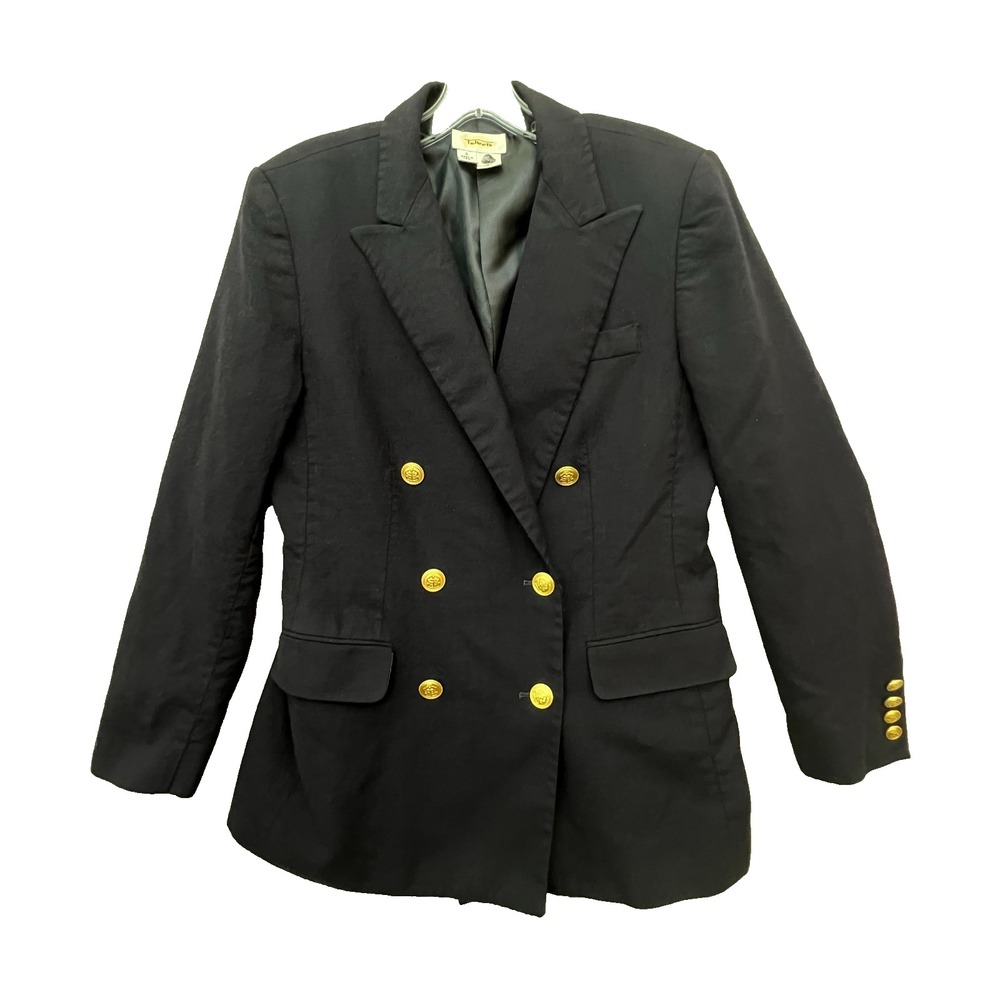 Talbots Vintage Wool Blazer 6 Navy Double Breasted Gold Crest Buttons USA‎ Made